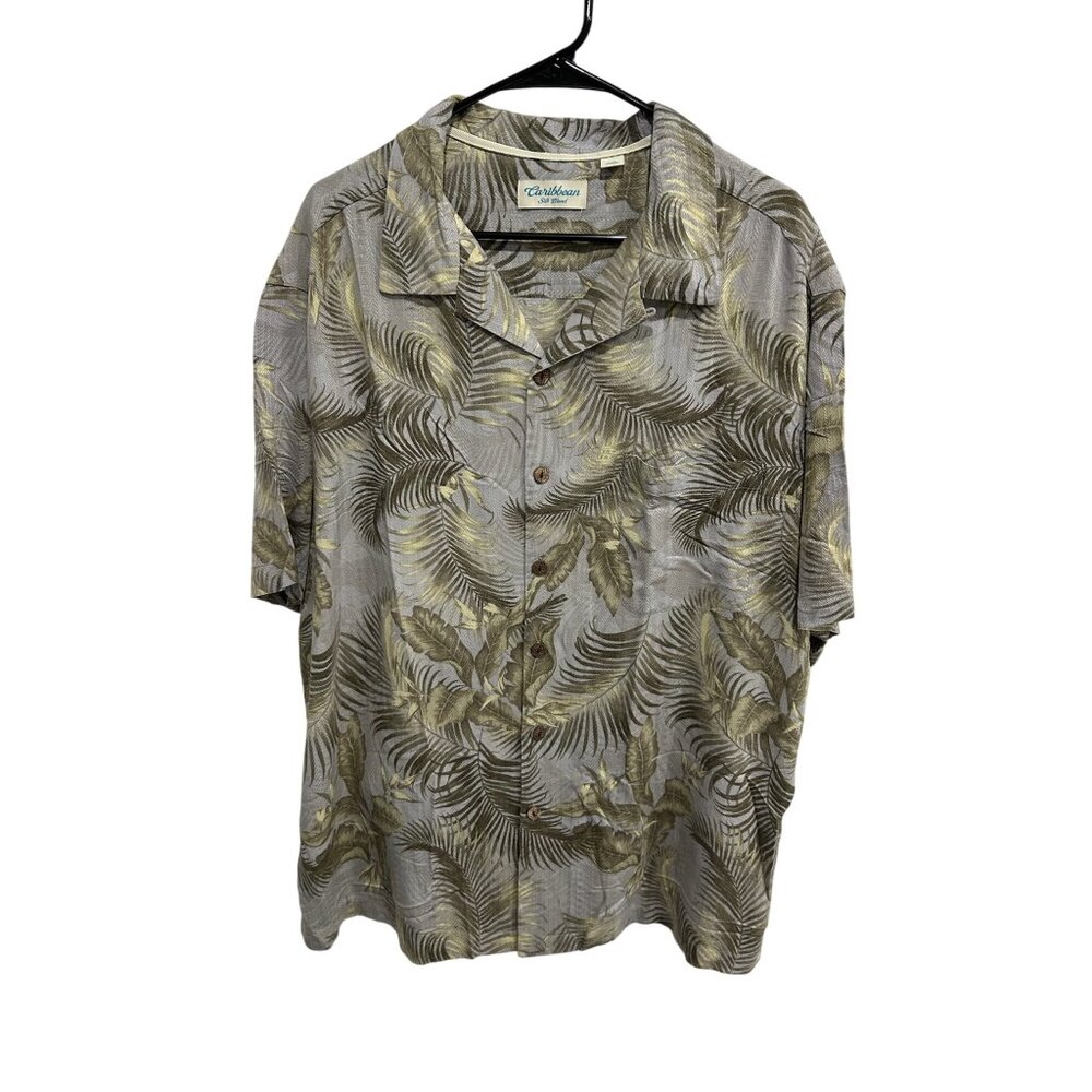 Caribbean Silk Blend Leaf Button Front Shirt Sz 2XB Gray Green Tropical Beach